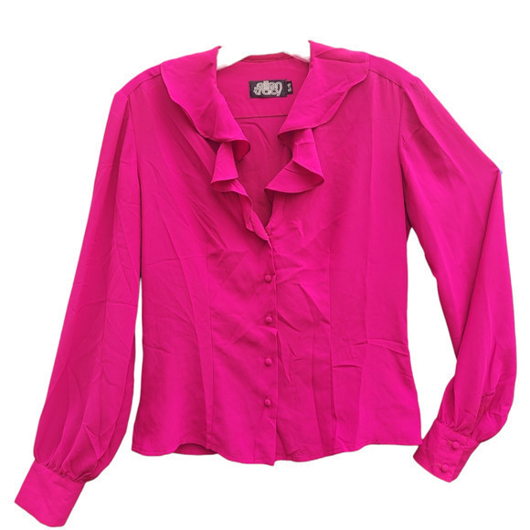 Vintage 70s Ellen Tracy ‎ Deep Pink V-neck Ruffle Long Sleeve Barbiecore Blouse - Picture 1 of 11